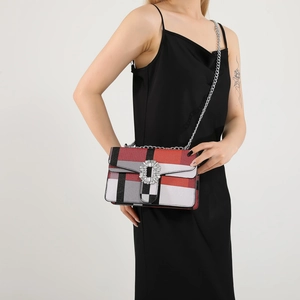 Fashionable crossbody chain bag with colorful geometric pattern and rhinestone buckle