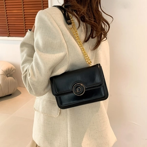 Minimalist black PU leather flap shoulder bag with gold chain strap and metal buckle