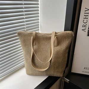 Women Fashion Straw Woven Tote Bag Large Capacity Summer Beach Shoulder Bag With Zipper Closure Casual Resort Style Handbag