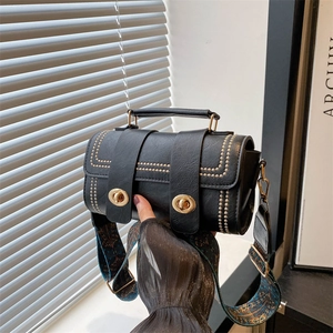 Vintage PU Leather Cylinder Crossbody Bag Ethnic Embroidered Wide Strap Metal Rivet Dual Lock Fashion Shoulder Bag