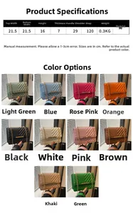Detailed size specifications for a quilted chain crossbody bag with color selection guide