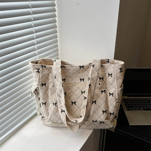 Women Bowknot Corduroy Tote Bag Quilted Large Capacity Shoulder Bag Casual School Handbag with Pockets Canvas Cloth Bag