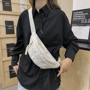 Minimalist beige nylon crossbody chest bag with adjustable strap for streetwear fashion