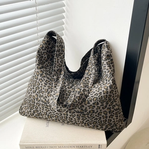 Women's Casual Leopard Print Canvas Tote Bag Large Capacity Shoulder Bag Fashion Simple Hobo Shopping Bag For Daily Travel