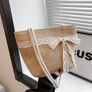 Women Summer Straw Woven Tote Bag Elegant Lace Bow Large Capacity Shoulder Bag Vintage Pastoral Style Beach Vacation Handbag