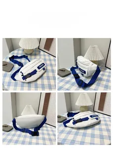 Detailed four-way view of white canvas chest bag with blue straps and black buckles