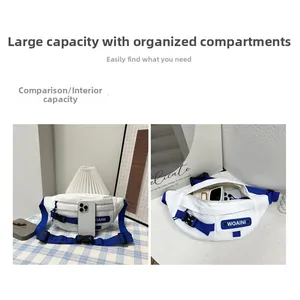 Detailed interior of a white canvas chest bag showing spacious storage and dividers
