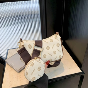 Women Retro Monogram Print PU Leather Underarm Bag And Round Coin Purse 2-In-1 Casual Shoulder Crossbody Bag Fashion Hobo Handbag