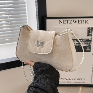 Women Marble Pattern Underarm Bag Butterfly Metal Buckle Faux Leather Shoulder Bag With Fashion Chain Handbag Crescent Bag