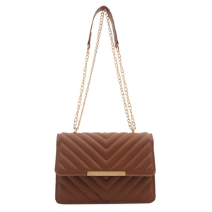 Brown minimalist shoulder bag with V-shaped stitching and gold chain strap on white background