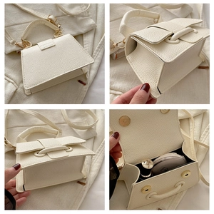 Detailed views of beige crossbody bag with lychee texture leather and gold magnetic buckle
