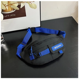 Close-up of black street style waist bag with bright blue adjustable strap and buckle