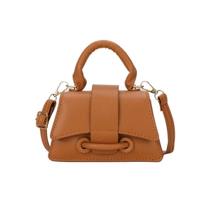 Elegant brown pebbled leather trapezoid handbag with pleated handle and shoulder strap