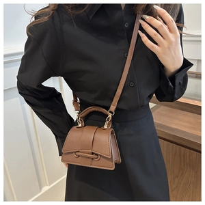 Detail of brown litchi pattern leather mini trapezoid bag with elegant buckle closure