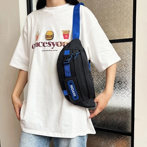 Streetwear nylon chest bag in black and blue with WOAINI logo and adjustable strap