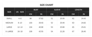 Detailed size chart for Christmas snowflake knit sweater with US and metric measurements
