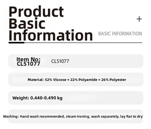 Size chart and fabric details of the knit sweater with 52% viscose blend composition