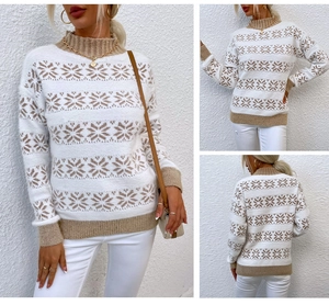 Detailed views showing Nordic snowflake patterns and ribbed knit texture on the sweater