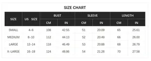 Detailed size chart for vintage cable knit sweater showing US sizes and measurements