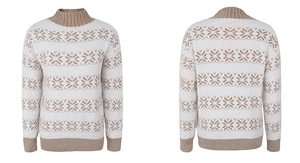 Detail of Nordic snowflake pattern on knit sweater with ribbed cuffs and funnel neck