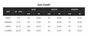Detailed size chart for women's knitted cardigan with bust and sleeve measurements