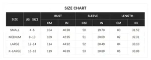 Detailed size chart for camouflage knit cardigan sweater with US and metric measurements