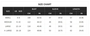 Detailed size chart for striped knit sweater with US sizes, bust, and sleeve measurements