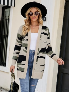 Detail of camouflage knit cardigan with ribbed cuffs and military green pattern