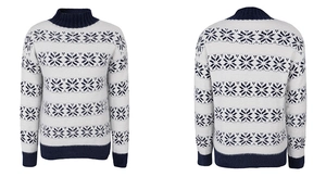 Detail of Nordic knit sweater showing snowflake patterns and ribbed cuffs on white background
