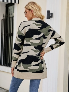 Detail of long camouflage knit cardigan featuring ribbed cuffs and soft textured fabric