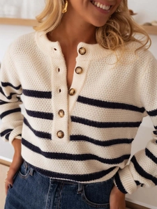 French Style Striped Knitted Pullover Sweater For Women Henley Neck Button Long Sleeve Casual Retro Autumn Winter Top