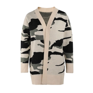 Detail shot of camo pattern knit cardigan with ribbed cuffs and soft fabric texture
