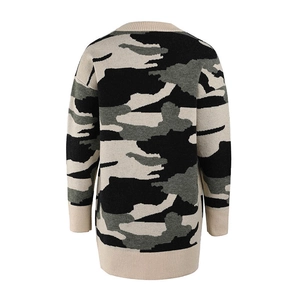 Back view of a long camouflage cardigan with ribbed cuffs and hem in a relaxed fit