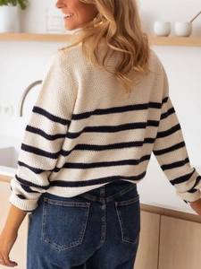 Women's French style striped knit sweater with navy stripes and button detail