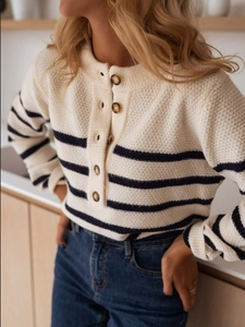 Striped knit pullover sweater for women with buttoned neckline and waffle texture