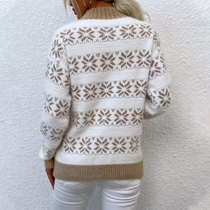 Women's turtleneck knit sweater with Christmas snowflake patterns in cream and brown