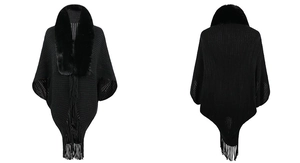 Detail view of black knit shawl featuring premium faux fur collar and long fringe tassels