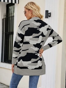Detail of long-sleeved camouflage knit cardigan showing fabric texture and back view