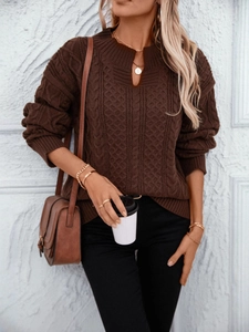 Chic dark brown cable knit sweater with vintage V-neck and loose long sleeves for autumn