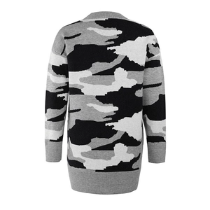 Rear view of longline camouflage cardigan showing rib-knit hem and cuff details