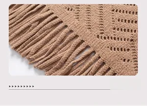 Macro detail of camel hollow-out knit shawl with geometric pattern and soft tassel hem