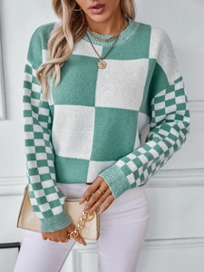 Women Casual Checkerboard Round Neck Rabbit Hair Knit Sweater Loose Color Block Long Sleeve Pullover Winter Jumper Top