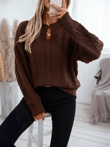 Retro loose-fit dark brown cable knit sweater with V-neckline for women casual style