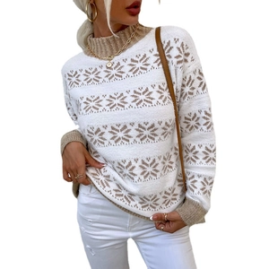 Women's turtleneck knit sweater with classic festive snowflake patterns and ribbed cuffs