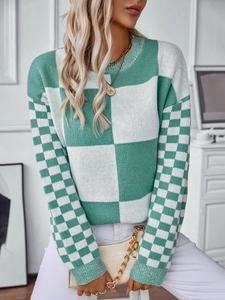 Women's sage green and white checkered knit sweater with a stylish round neck design