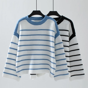 Close-up of the thick knit texture and stripe pattern of two casual pullover sweaters