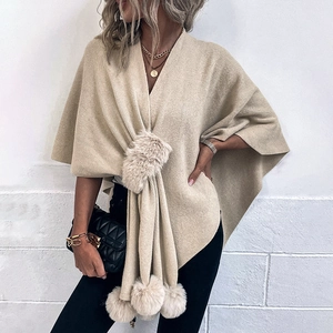 Women Elegant Knitted Poncho Cape With Faux Fur Trim And Pom-Pom Hem Casual V-Neck Batwing Sleeve Acrylic Sweater Wrap For Autumn Winter