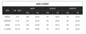 Detailed size chart for oversized contrast sweater showing US sizes 4 to 18 in CM and IN