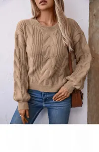 Close-up of khaki chunky cable knit sweater texture and ribbed crewneck design