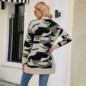 Women's long camo knit cardigan sweater with camouflage pattern and ribbed trim